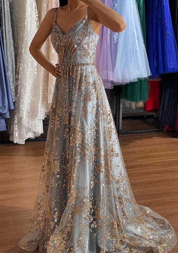 Vestido de fiesta de tul con escote en V, sin mangas, cola de corte y bordado con lentejuelas abiertas